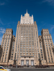 The main building of Ministry of Foreign Affairs is one of the famous seven skyscrapers, built in Stalinist style in Moscow Russia
