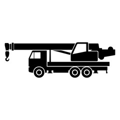 Truck crane icon. Black silhouette. Side view. Vector graphic illustration. Isolated object on a white background. Isolate.