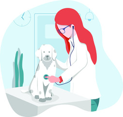 Young lady veterinarian examining dog in the hospital. Pets Doctor checking the heartbeat of a dog with a stethoscope. Cute veterinarian checking Dalmatian dog in a clinic.