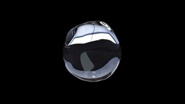 A crystal clear drop of water moves on an isolated black background. Seamless loop 3d render