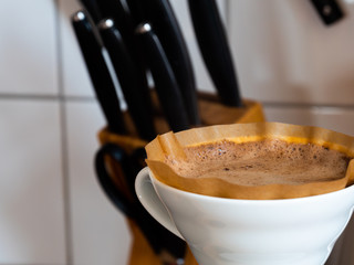 Close up of the freshly brewed coffee in the kitchen in the morning.