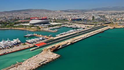 Fototapeta na wymiar Aerial drone top view photo of luxury boats docked in Athens Marina near Faliro, Piraeus, Attica, Greece