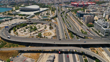 Aerial drone photo of urban junction interchange motorway leading to Faliron area, Athens Riviera, Attica, Greece