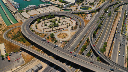 Aerial drone photo of urban junction interchange motorway leading to Faliron area, Athens Riviera,...