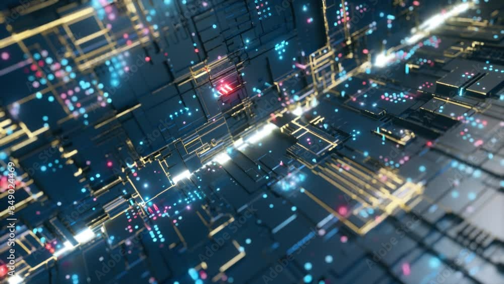 Fototapete Abstract big data transfer. Binary processing is handled by the computer motherboard. Futuristic processing of server code. Blue technology background with bokeh. Seamless loop 3d render