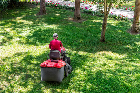 Top down above view of professional lawn mower worker cutting fresh green grass with landcaping tractor equipment machine at city park. Garden and backyard landscape lawnmower service and maintenance