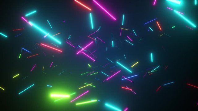 Infinite flight in space among fluorescent neon lamps. Modern rainbow spectrum. Seamless loop 3d render.