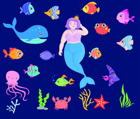 Vector set with sea animals and a  plus size mermaid. Illustration of the underwater world with a plus size mermaid with pink hair.