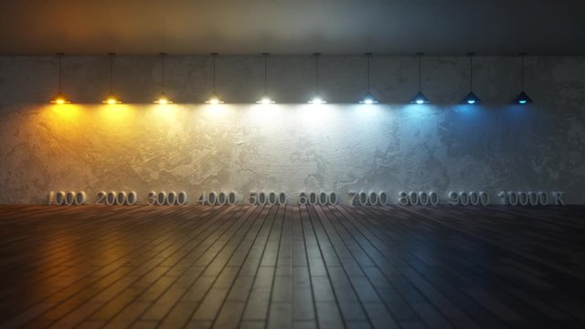 Background with incandescent lamps of different temperature values. Between 1,000 and 10,000 kelvin. The whole spectrum of light from warm to cold. Seamless loop 3d render