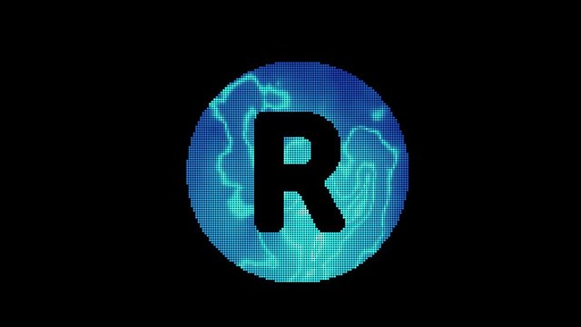 The symbol registered is assembled from small balls. Then it shimmers with blue. It crumbles and disappears. In - Out loop. Alpha channel