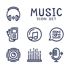 Hand drawn cartoon Set of Music Audio Related Vector Line Icons. Contains such Icons as Note, Disc, Microphone and more.