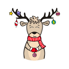 Hand-drawn christmas deer. Cute deer with New Year's toys Isolated on a white background. Festive vector illustration for the design of New Year cards, posters and banners.