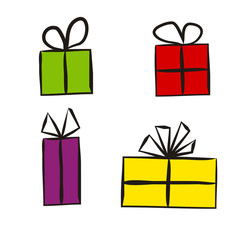 Hand-drawn christmas presents icons. Set of cute multi-colored boxes with bows. Isolated on a white background. Festive vector illustration for the design of New Year cards, sale posters and banners.