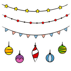 Hand-drawn christmas garland. Set of New Year decorations, toys and balls Isolated on a white background. Festive vector illustration for the design of New Year cards, sale posters and banners.