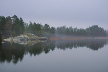 Fototapeta premium Rocks and forest in fog on the shore of Lake Ladoga in the Ladoga Skerries National Park, in late autumn
