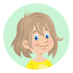 Portrait of a little cute girl.  Avatar icon in the circle. In cartoon style. Isolated on white background. Vector  flat illustration.