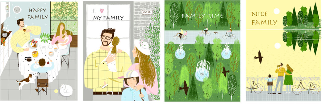 Family. Set of vector illustrations with a cute family at breakfast, on a walk, in the park. Pictures for cards, print, business, book illustration.