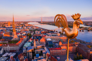 Aerial view of Riga old town during magical sunset in Latvia. 