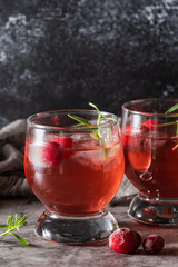 Fresh cranberry vodka cocktail with ice and aromatic rosemary on the table close up.