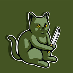 Bad Black Cat Holding Knife Vector Illustration - Vector