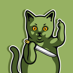 Angry Cat Holding Knife Showing Fuck You Vector Illustration - Vector