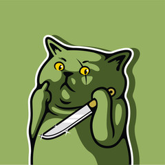 Bad Cat Scar Face AnimalHolding Knife Showing Fuck You Hand Gesture Vector Illustration - Vector
