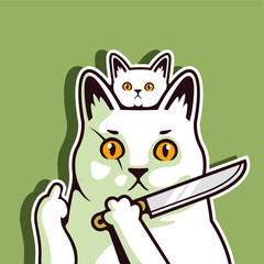 Scar  Face White Cat and Kitten Stares Showing Middle Finger Sign Symbol Together Vector Illustration - Vector