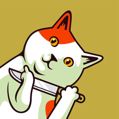 Smiling Cute Cat Cartoon Curious Peeking Kitten Holding Knife Showing Fuck You Sign Vector Illustration - Vector