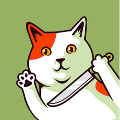 Cute Cat Cartoon Curious Peeking Kitten Say Hi Holding Knife Vector Illustration - Vector