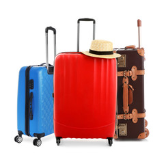 Set of different stylish suitcases for travelling on white background