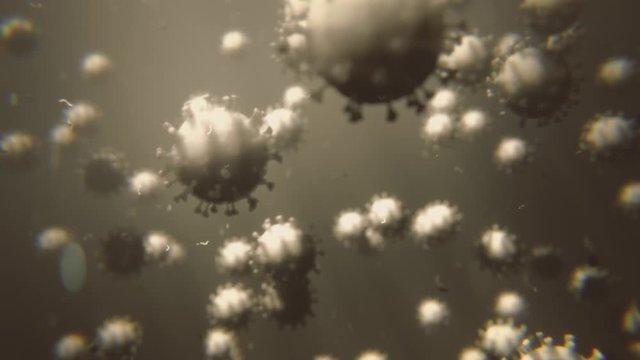 Multiple viruses in air or water. 3D animation. Coronavirus COVID-19. SEM electron microscope image. 3 other clips available.