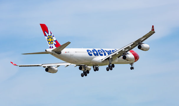 Chicago, USA - May 13, 2020: Edelweiss Airlines Airbus A340 on final approach to O'Hare International Airport. 