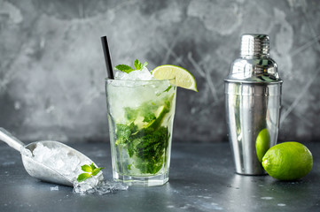 Caipirinha cocktail lime mint ice Drink bar tools shaker ingredients