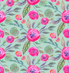 cute floral seamless pattern with pink flowers watercolor and pencil on green background