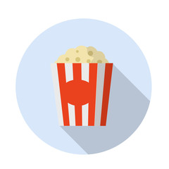Popcorn. Movie theater snack. Corn meal in a red striped package in a blue circle. Funny icon. Flat cartoon illustration