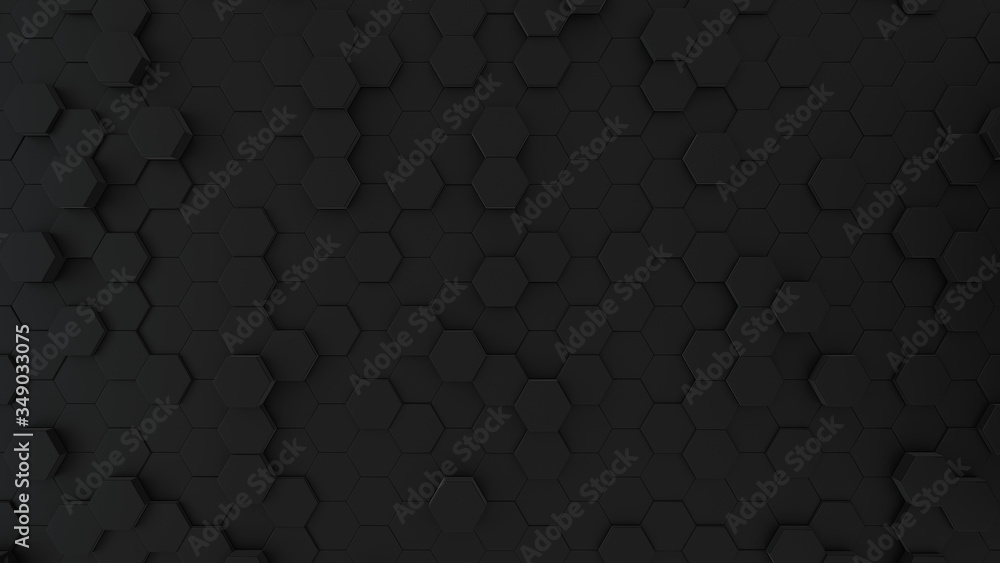 Poster abstract honeycomb background wide angle. black 3d of hexagon beehive. great modern trends. light, m