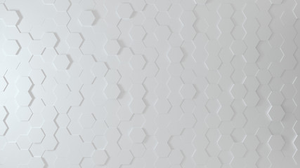 Obraz na płótnie Canvas Abstract Honeycomb Background wide angle. Bright white 3D render of hexagon beehive. Great modern trends. Light, minimal, moving hexagonal grid