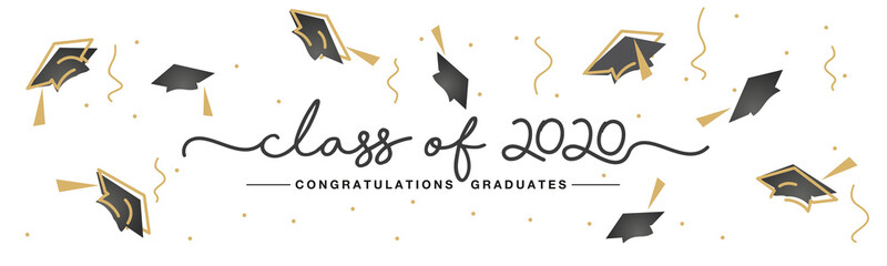 Class of 2020 handwritten typography lettering text Congratulations graduates line design gold black white isolated background banner