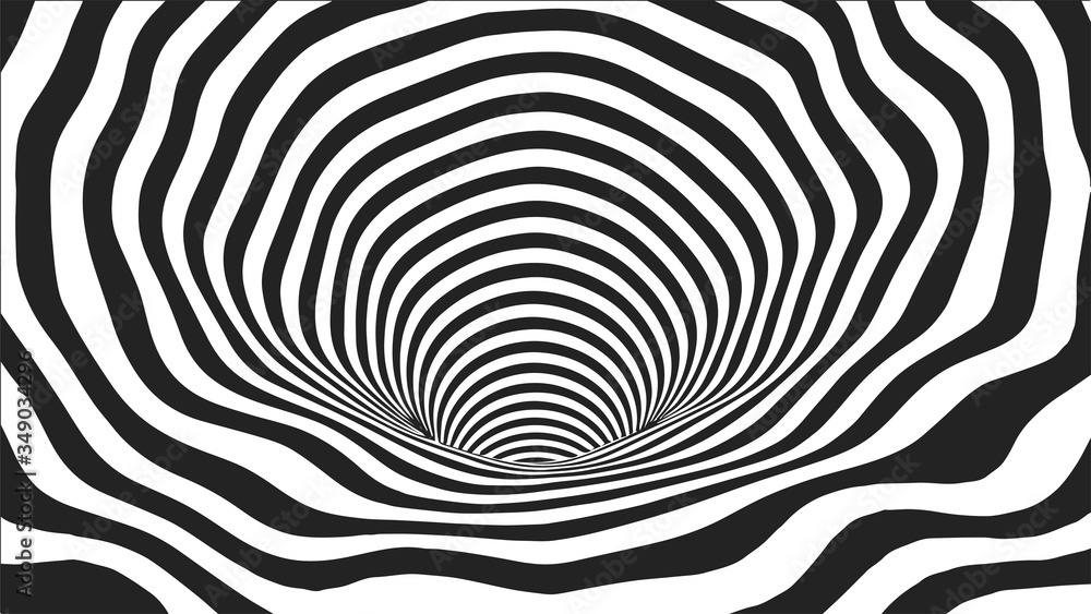 Poster black and white abstract wormhole. optical illusion. twisted vector illustration. 3d tunnel.