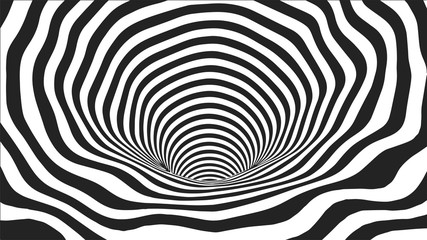 Black and white abstract wormhole. Optical illusion. Twisted vector illustration. 3D tunnel.