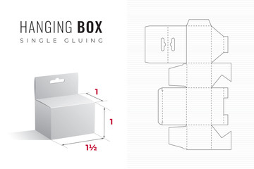 Hanging Packaging Box Die Cut One and Half Width Single Height Template with 3D Preview - Black Editable Blueprint Layout with Cutting and Scoring Lines on Striped Background - Draw Graphic Des