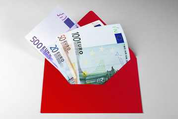Financial aid, 20, 50, 100, and 500 Euro Bills in envelope