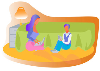 Young mother working at home with laptop and her son  reading the tablet. illustration in flat style