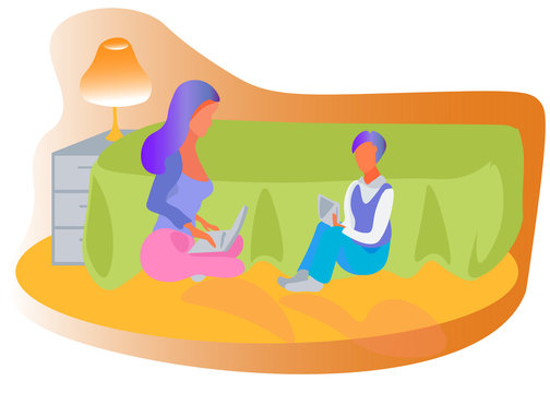 Young mother working at home with laptop and her son  reading the tablet. illustration in flat style