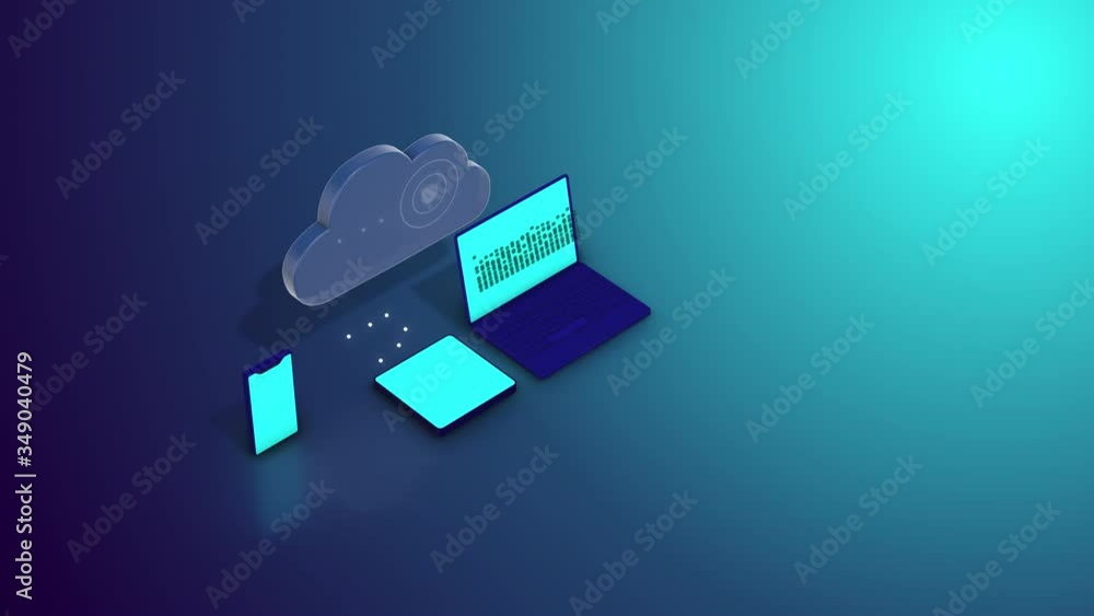 Poster a group of gadgets synchronyzing data with cloud over blue background.
