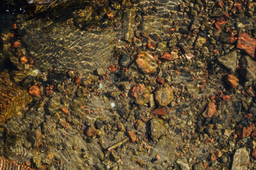 Stream in nature with the ruins of buildings and waste. Flooded building materials after the flood. Background with water for design