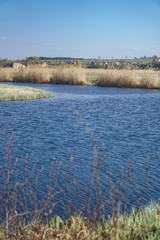 Beautiful spring river in the flowing nature. Colorful landscape in the morning and evening. Travel to deserted places of the world. Stock photo for design