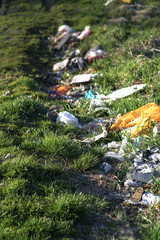 Trash on the nature of abandonment by tourists and vacationers. Ecological catastrophy. Pollution of the planet by people