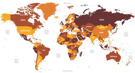 World map - brown orange hue colored on dark background. High detailed political map of World with country, ocean and sea names labeling