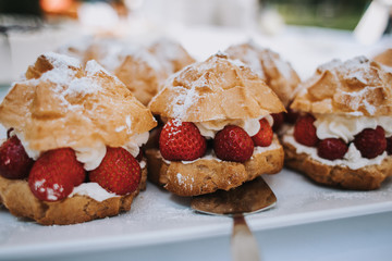 photo of dessert with strawberry on a plate